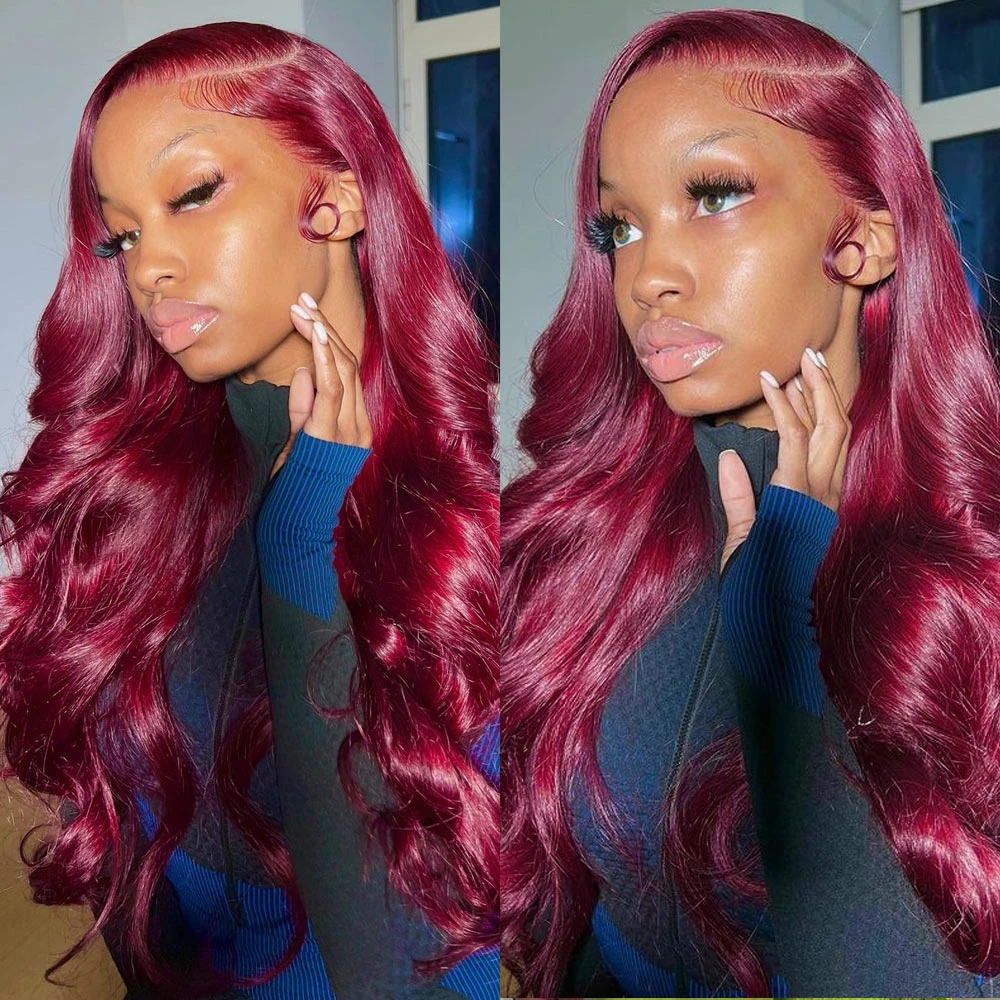 Stema #99j Red Burgundy Body Wave 13x4 Transparent Lace Front Wig